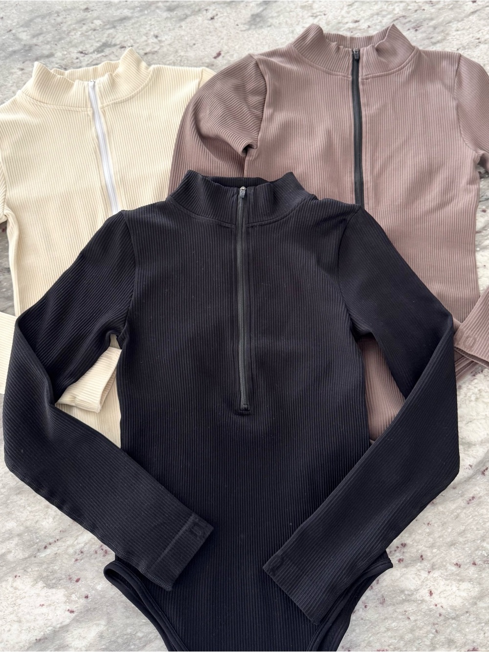 OQQ Ribbed Zip Front Long Sleeve Bodysuits
